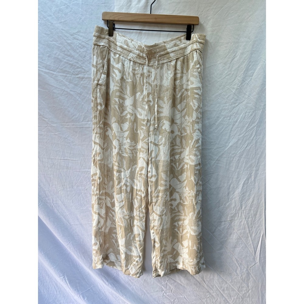 prAna Wide Leg Crop Pants Beige White Floral Print Elastic Waist Drawstring XL